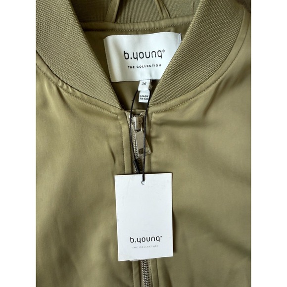 B.young Satin Bomber Jacket Womens 36 Olive Green Full Zip Pockets Lightweight - Picture 8 of 13